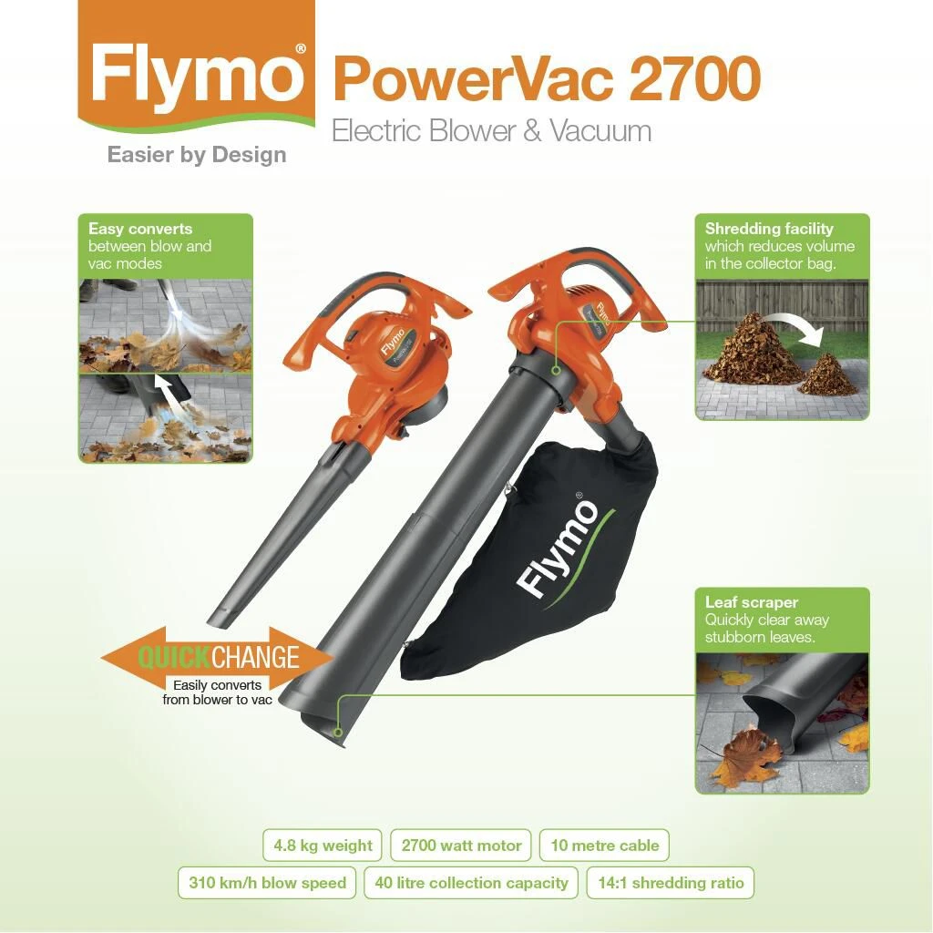 Flymo PowerVac 2700 Corded 2700W 100-230V Blower & Vacuum - Image 6