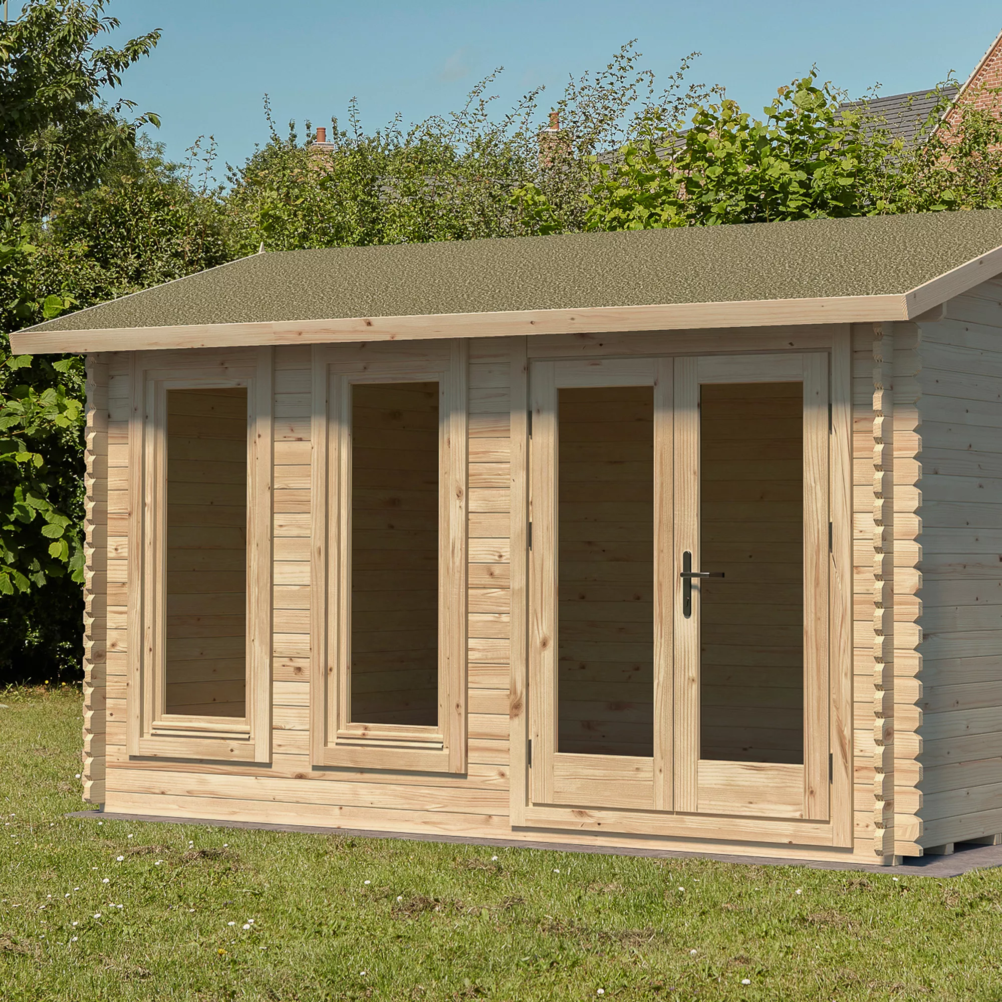 Forest Garden Melbury 4x3 Toughened Glass Pent Loglap Solid Wood Cabin With Double Door - Image 9