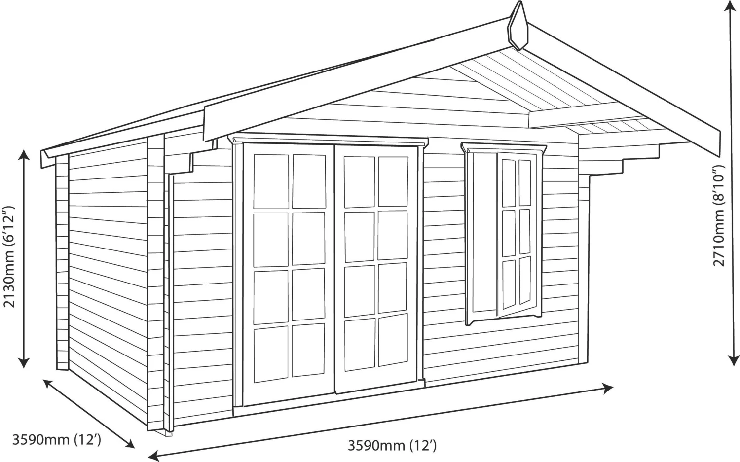 Shire Cannock 12x12 Toughened Glass Apex Tongue & Groove Wooden Cabin - Base Not Included - Image 9